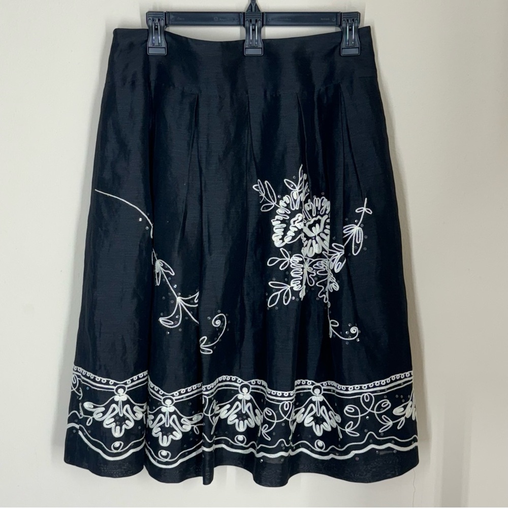Talbots Black A-Line Skirt with White Floral Embroidery